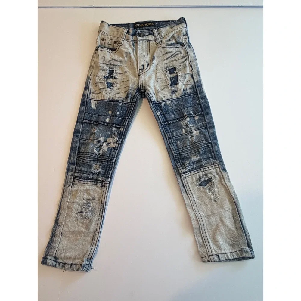 GS-115 Denim Boys Moto Jeans Acid Wash Distressed Blue Grey Size 4 Streetwear